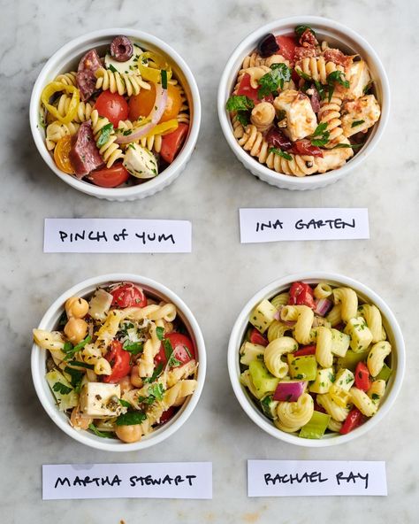 Pasta salad is the summer side dish that steals the show. We tried four popular recipes (Pinch of Yum, Ina Garten, Martha Steart, and Rachey Ray) to find the best pasta salad recipe that's worthy of your cookout, potluck, or barbecue. Pasta, Foods, Summer, Lunch, School Lunch, Post, Eat, Pasta Lover, Recipe Box