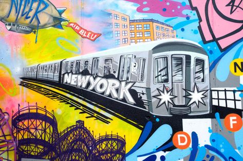 Colorful graffiti in New York City with an image of a subway tra stock images Zug, Design, Street Art Graffiti, Graffiti, Decoration, Ideas, New York Subway, New York Graffiti, Subway Art