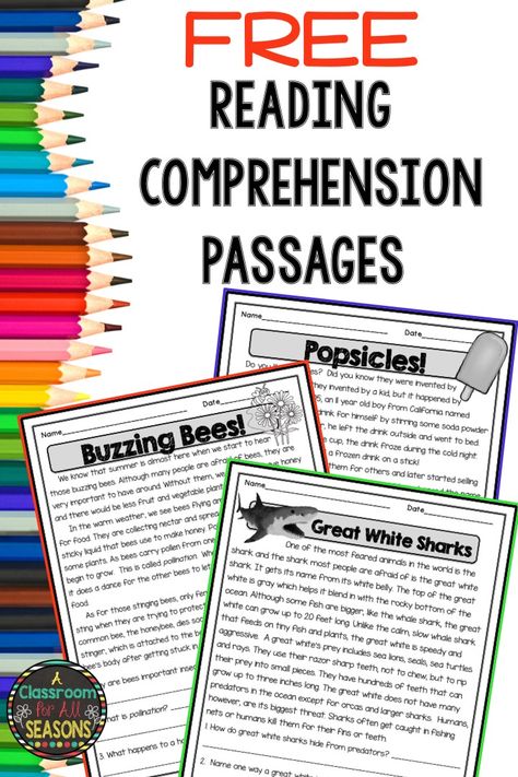 English, Anchor Charts, Pre K, Reading Comprehension, Reading Comprehension Strategies, Free Reading Comprehension Worksheets, Reading Comprehension Passages, Leveled Reading Passages, Third Grade Reading Comprehension