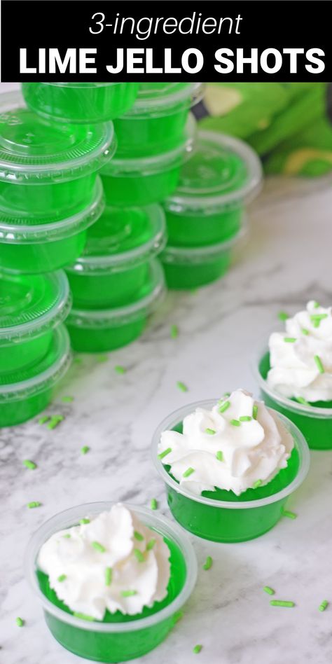 These vibrant Green Jello Shots are the perfect adult treat that are just in time for all your St. Patrick’s Day festivities. They’re an easy, delicious and funky twist on regular cocktail recipes that’s sure to be a huge hit with all of your party guests! Snacks, St Patrick's Day, Parties, Alcohol Drink Recipes, Lime Jello Shots, Jello Shot Recipes, Green Alcoholic Drinks, Green Drinks Alcohol, Green Cocktails