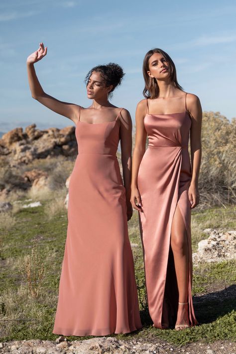 Jenny Yoo Long Mismatched Bridesmaid Dresses in Chiffon and Satin. Strappy Dresses perfect for spring, summer, and fall weddings in a pink peach, Canyon Sunset. Pink Bridesmaid Dresses, Bridesmaid Dress Colors, Mismatched Bridesmaid Dresses, Peach Color Bridesmaid Dresses, Summer Bridesmaid Dresses, Satin Bridesmaid Dresses, Bridesmaids Colors Summer, Peach Bridesmaid Dresses, Long Bridesmaid Dress