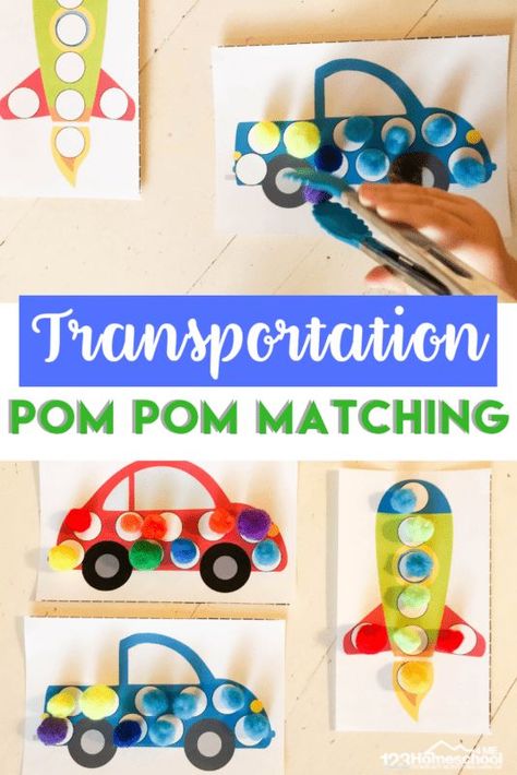 FREE Transportation Pom Pom Matching - cute, free printable worksheets for toddler, preschool, and kindergarten age kids strengthen fine motor skills, color recognition, and more with a fun cars and transportation theme #toddler #preschool #kindergarten #transportation #pompoms #finemotorskill #freeprintables #colorrecognition Montessori, Toddler Activities, Pre K, Activities For Kids, Transportation Theme For Toddlers, Transportation Theme Preschool, Transportation Preschool Activities, Transportation Activities, Motor Skills Activities