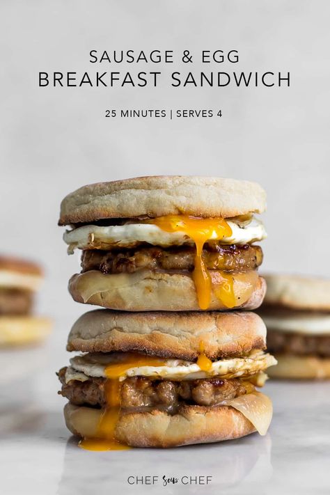 Sausage and Egg Breakfast Sandwich | Just like a sausage and egg McMuffin, this quick and simple breakfast sandwich starts with a toasted English muffin, cheddar cheese, sausage patty, and fried egg. It's a perfect weekend breakfast or brunch, or make-ahead to reheat at work. #brunchideas #breakfastrecipes #mcmuffin #foodphotos | chefsouschef.com Dessert, Sandwiches, Brunch, Sausage And Egg Mcmuffin, Sausage Breakfast Sandwich, Sausage Muffins, Egg And Cheese Sandwich, Sausage Patty, Sausage Breakfast