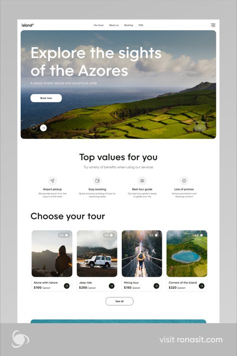 Hi everyone! We are thrilled to present the design of our new landing page for an app that allows users to book tours to the Azores Islands. 

The landing page for this travel app consists of several sections: the main block describing the service, a section highlighting the advantages, a tour selection block, a travel blog, and a section for purchasing tours. Layout, Landing, Web Layout, Design, Fotografia, Main Page, Website, Design Web, Homepage Design