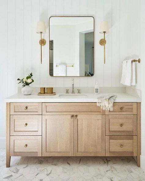 Love this beautiful modern master bathroom with a light oak wood vanity cabinet and a mix of brass and polished nickel finishes - bathroom remodel - bathroom ideas - michelle d young interiors Home, Home Décor, Farmhouse Bathroom Ideas Joanna Gaines, White Bathroom Vanities, Guest Bathroom Remodel, Farmhouse Sink Bathroom Vanity, Separate Vanity Master Bath, Bathroom Remodel Master, Cream Bathroom Vanity