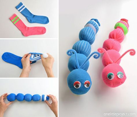 These no-sew sock worms are SO EASY to make and the kids love them! Or maybe they're sock caterpillars? Either way, this is such a fun kids craft and it's easy enough that the kids can actually make it themselves. It takes less than 10 minutes to make each one using just a few simple supplies from the dollar store. Such a fun way to use those mismatched socks! Diy, Crafts, Pre K, Worms, Diy For Kids, Crafts With Socks, Sock Animals Diy, Sock Crafts, Worm Crafts