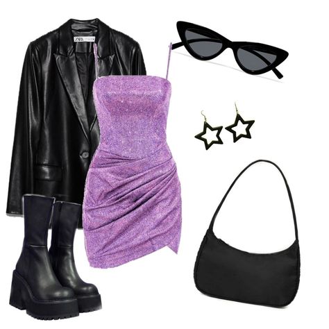 Purple sparkle dress with black leather jacket and black boots /accessories/ Outfits, Purple Leather Jacket, Purple Jacket Outfit, Black Sunglasses, Sparkle Outfit Party, Sparkle Dress Outfit, Purple Dress Accessories, Purple Jacket, Purple Clothing