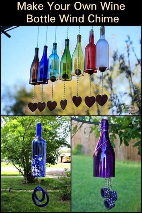 Don’t throw away your empty bottles; turn them into wind chimes! Diy, Wine Bottle Crafts, Bottle Chimes, Wine Bottle Wind Chimes, Glass Bottle Diy, Wine Bottle Diy Crafts, Glass Bottle Crafts, Wine Bottle Diy, Wind Chimes Homemade