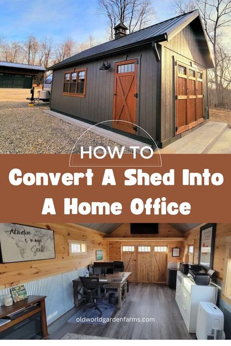 Two images including one with the interior of a shed converted into a home office, and the other is the exterior of the shed converted into a home office. From oldworldgardenfarms.com. Garages, Upcycling, Studio, Garage, Shed, Tiny Office, Shops, Tiny She Shed, Shed Interior