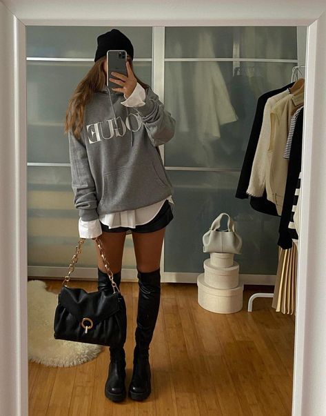 Elevate your winter wardrobe with these casual thigh high boots outfit ideas, perfect for everyday outings and going out on the town. If you're looking for extra comfort, why not try this comfy look with a grey hoodie and black flat over the knee boots? York, Chicago, Outfits, Wardrobes, Swag, Outfits With Thigh High Boots, Over The Knee Boot Outfit, Outfits With Knee High Boots, Thigh High Boots Outfit Going Out