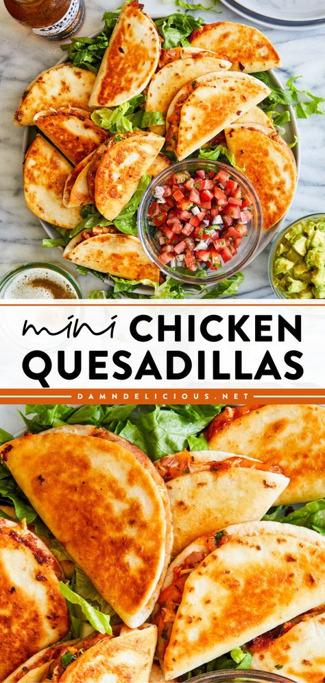 A New Year recipe for homemade chicken quesadillas! They're also a perfect Super Bowl party idea. Filled with salsa chicken, refried beans, and cheese, these mini quesadillas are a delicious, easy game day food! Mexican Food Recipes, Appetiser Recipes, Brunch, Chicken Recipes, Dinner Recipes, Chicken Quesadillas, Chicken Dinner, Appetizer Recipes, Appetizer Snacks