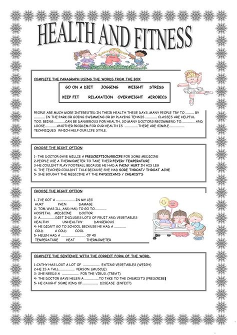 HEALTH AND FITNESS - English ESL Worksheets for distance learning and physical classrooms Health Education, Physical Education, Worksheets, Health Lessons, Health Class, Health Activities, Middle School Health, School Physicals, School Health