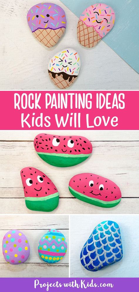 Rock painting for kids is always a fun activity! Click to find awesome rock painting ideas kids of all ages will love to make! Rock Painting Elementary School, Easy Diy Rock Painting, Rock Painting Disney Easy, Outdoor Rock Painting, Resin Rocks Diy, Rock Craft Ideas, Painted Rock Garden Landscaping, Rock Painting Monsters, Sunset Rock Painting Easy