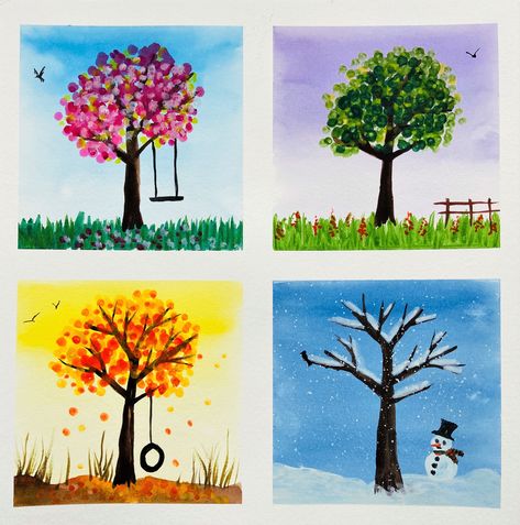 Tela, Ideas, Bari, Diy, Painting For Kids, Kids Canvas Painting, Kids Watercolor, Nursery Paintings, Four Seasons Painting
