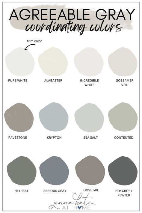 Sherwin Williams Agreeable Gray coordinating colors that are perfect for a whole house color scheme Home Décor, Design, Agreeable Gray Color Strip, Sherwin Williams Color Palette, Accent Colors For Gray, Gray Color Schemes, Agreeable Gray Lightened By 50%, Sherwin Williams Agreeable Gray, Sherwin Williams Gray