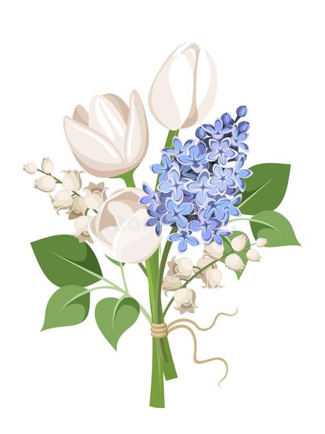 Bouquet of white tulips, blue lilac flowers and lily of the valley. Vector illustration. royalty free illustration Croquis, Flores, Tulip Drawing, Flower Drawing, Cute Flower Drawing, Tulip Tattoo, Flower Drawing Images, Flower Art, Bouquet