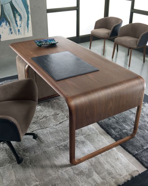 wOODY desk Materials: solid walnut + Italian leather Dimensions: 75"W x 35.5"D x 30"H Options: *Italian leathers + optional leather writing pad Furniture Design, Desk Furniture, Office Table Desk, Wooden Writing Desk, Desk Materials, Office Table, Office Table Design, Contemporary Desk, Leather Desk