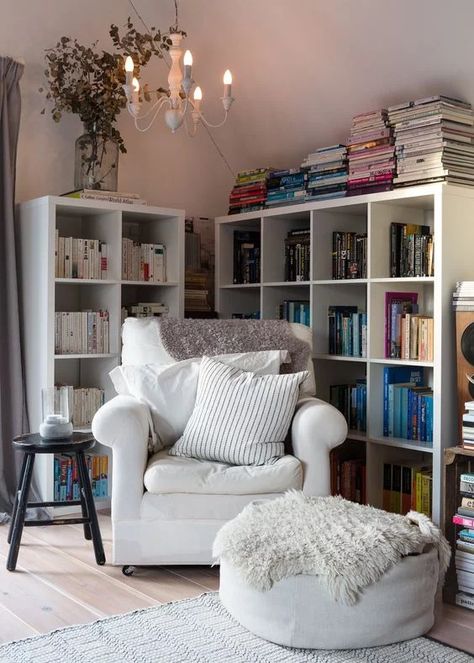15 Comfy Reading Chairs | BOOKGLOW Home Décor, Apartment Therapy, Cosy Reading Corner, Living Room Decor, Apartment Decor, Corner Bookshelves, Home Library, Home Library Design, Cozy Reading Nook