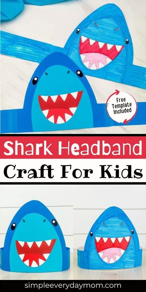 To many kids, sharks are some of the coolest creatures in the ocean! At the top of many of those lists is the deadly great white shark. We made this shark headband craft for kids because we have two boys at home who love cute sharks! This easy shark craft for kids is perfect for summertime, especially when shark week rolls around. Make this great DIY Headband Craft with your kids to celebrate. Shark Headband Craft, Shark Hat Craft, Shark Crafts For Kids, Shark Crafts Preschool, Shark Headband, Ocean Crafts Preschool, Sea Creatures Crafts, Shark Crafts, Vbs Scuba