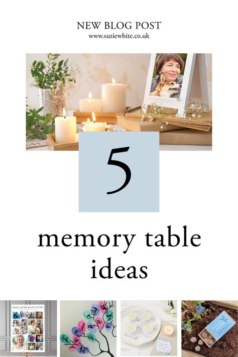 Photo for a new blog post about creative ideas for a Memory Table for a celebration of life event. The pin shows a photo of a lady surrounded by lit candles, plus smaller images of a photo board, a fingerprint tree, some seeds and tea lights. Decoration, Parties, Keepsakes, Memory Table, Ideas For Memorial Service, Memorial Service Decorations, Memorial Ideas, Funeral Memorial, In Memory Of Dad