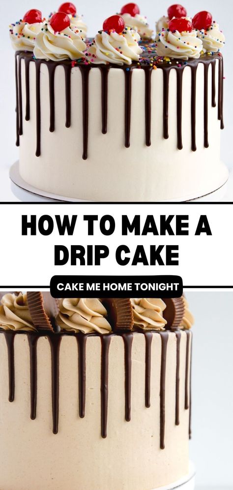 Learn how to make a drip cake step by step, as well as tips and tricks to make the best drip. Desserts, Cake, Ideas, Cupcake Cakes, Cake Recipes, Cake Tutorial, Cake Baking, Cake Decorating, Drip Cake Tutorial
