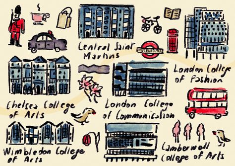 Illustration of UAL 6 Colleges - Central Saint Martins, London College of Fashion, London College of Communication, Camberwell College of Arts, Chelsea College of Arts, Wimbledon College of Arts. Saints, Chelsea Fc, London, Wimbledon, Colleges, London College, Camberwell College Of Arts, London College Of Fashion, College Art