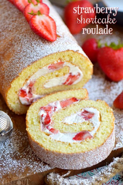 This Strawberry Shortcake Roulade is the quintessential summer dessert. Cake rolls are always stunning but this one is particularly so. Light and airy cake wrapped around a sweet whipped cream and fresh strawberry filling - entirely irresistible! // Mom On Timeout #strawberry #strawberryshortcake #roulade #cakeroll #strawberries #dessert #recipe #recipes #baking Raspberry Cake Roll Recipe, Swiss Roll Cakes Recipe, Vanilla Cake Roll Easy, Cake Roll Videos, Strawberry Shortcake Bread, Strawberry Swiss Roll Cake, Best Cake Roll Recipe, Chiffon Roll Cake, Easy Swiss Roll Cake