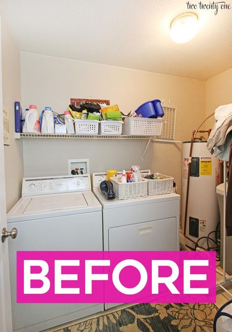 Small Laundry Utility Room Ideas, Laundry Makeover On A Budget, Closet Organization Hacks Space Saving, Small Laundry Organization, Organize Small Laundry Room, Laundry Room With Water Heater, Shelving For Laundry Room, Small Laundry Closet Organization, Shelves For Laundry Room