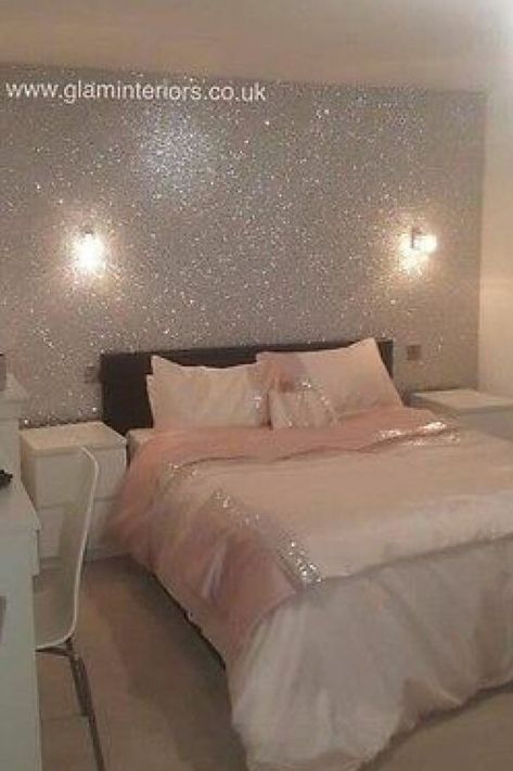 Bedroom Décor, Interior, Home Décor, Glitter Room, Silver Bedroom, Glitter Bedroom, Glitter Wall, Glitter Wallpaper Bedroom, Bedroom Makeover