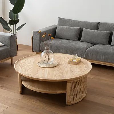 2-Tiered Modern Round Wood Coffee Table with Rattan Base Rattan Coffee Table, Wood Rattan, Round Wood Coffee Table Living Room, End Tables With Storage, Rattan, Coffee Table Living Room Modern, Round Wood Coffee Table, Coffee Table Wood, Modern Coffee Tables