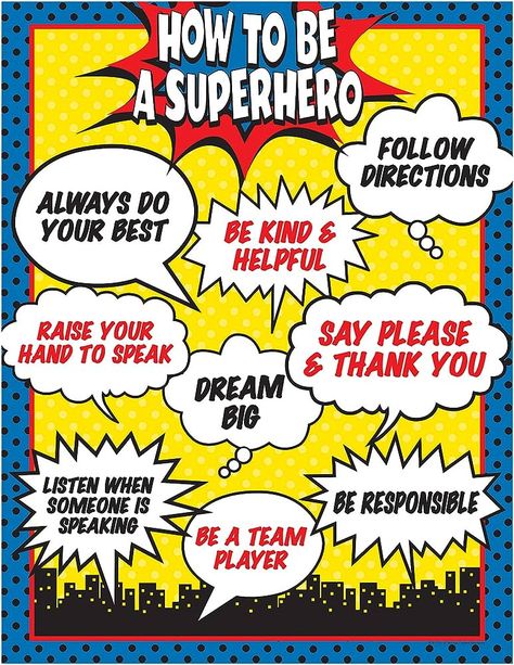 Amazon.com: Teacher Created Resources How to Be a Superhero Chart (7550) : Office Products Bulletin Boards, Pre K, Superhero Classroom Rules, Superhero Rules, School Counseling, Superhero Bulletin Boards, Teacher Created Resources, Superhero Class, Superhero Classroom Theme