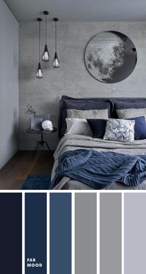 Blue and grey are ideal if you want to create a calm, harmonious bedroom colour scheme     #colour #colourpalette #bedroom #blue #grey #colourscheme #interiors #decor Grey Bedroom Colors, Blue Bedroom Colors, Dark Blue Bedrooms, Black Room Decor, Bedroom Grey, Color Decor, Bedroom Color Combination, Bedroom Colour Palette, Bedroom Color