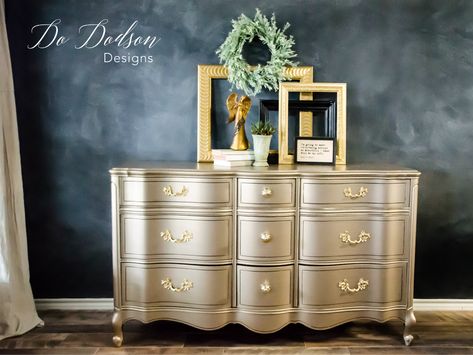 Warm silver metallic paint is a dreamy color with a hint of gold. #dododsondesigns #metallicpaint #paintedfurniture #furnituremakeover Design, Painted Furniture, Upcycling, Vintage, Metallic Painted Furniture, Paint Furniture, Gold Painted Furniture, Spray Paint Furniture, Silver Metallic Paint