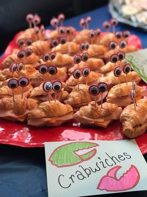 Crabby sandwiches — ocean theme/under the sea birthday party Sour Cream, Dessert, Ocean Party Food, Shark Party Foods, Hawaiian Theme Party Food, Ocean Theme Party Food, Sea Themed Party Food, Mermaid Snacks Parties Food, Sea Party Food