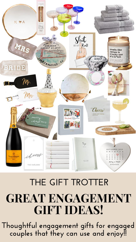Do you know a newly engaged couple and need a thoughtful engagement gift stat? Check out this gift guide that included gifts for the bride, home gift ideas for their new place and personalized gifts with their new name! Lots of ways to gift and celebrate the married couple to be. Click here and find all the gift inspiration you need at The Gift Trotter! Get Gifting! Inspiration, Engagements, Trotter, Diy, Ideas, Thoughtful Engagement Gifts, Gifts For Engaged Friend, Engagement Gifts For Him, Engagement Gifts For Couples