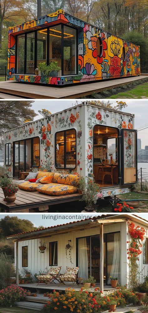 Revel in the fusion of art and sustainability with these floral-painted container homes, each a vibrant masterpiece. #shippingcontainerhomes #architecture #containerhouse #containerhousedesign #containerhouseideas #containercabin #tinyhousedesign #containerhomes #housedesign #beforeandafterhome Architecture, House Design, Bau, Haus, House, Garten, Dekorasi Rumah, Resim, Prefab