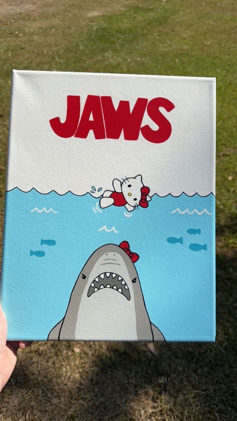 Hello kitty jaws themed acrylic painting on canvas Hello Kitty Crafts, Hello Kitty Art, Hello Kitty Drawing, Disney Canvas Art, Disney Canvas Paintings, Disney Paintings, Mini Canvas Art, Cute Canvas, Cute Canvas Paintings