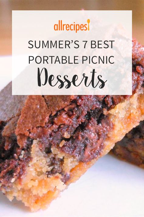Summer's 7 Best Portable Picnic Desserts | "Bringing just the right dessert to a picnic can be a little tricky. You want it to be easy enough to transport without spilling or getting smooshed, it should be simple to serve without a lot of fuss, and it should look good enough to make your picnic feel like a party. These top-rated desserts are all that and more." #allrecipes #potluckrecipes #partydishes #partyappetizers #cookoutrecipes #cookoutdishes #picnicfood #picnicideas Pie, Picnic Foods, Picnics, Snacks, Desserts, Brownies, Easy Picnic Food, Easy Picnic Food Ideas, Easy Picnic Desserts