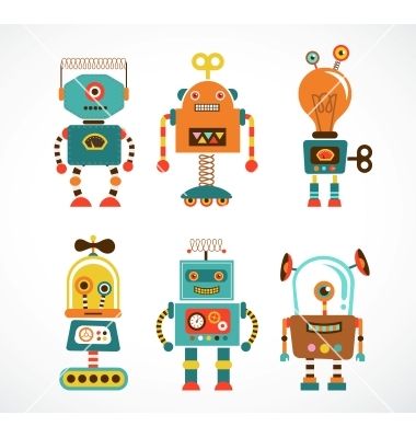 Set of vintage robot icons vector Retro, Vintage, Doodles, Doodle, Robot Clipart, Robot Print, Vector Free, Robot, Robot Icon