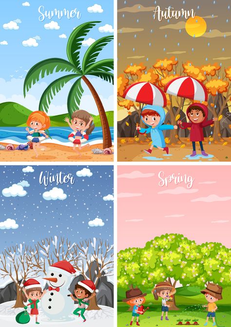 Seasons Posters, Children, Nature Kids, Four Seasons Drawing For Kids, Four Seasons Art, Seasons Art, Seasons Poster, Seasons Preschool, Forest Drawing