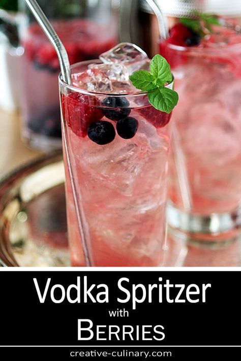 Vodka Spritzer Cocktail with Mixed Berries. Ingredients 1/2 cup of vodka, chilled Juice of two limes 2 Tbsp simple syrup (half water, half sugar, boil til sugar melts and then cool before using) 1/2 cup raspberries 1/2 cup blueberries 1/2 liter club soda, chilled Raspberries and Blueberries for garnish. Margaritas, Smirnoff, Vodka, Berry, Vodka Drinks, Blueberries, Vodka Cocktails Recipes, Vodka Cocktails, Vodka Soda