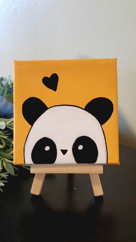 This original painting of a cute panda that I have painted in advance to add a pop of color in your home, office, dorm, or nursery. This piece comes with a small wooden easel stand to display.  Perfect gift for any panda lover in your life!  Details  - Original painting on a tiny 4x4 canvas, not a print.  - Comes with an easel for home decoration - Will be signed and dated by me, the artists  **Ready To Ship** Follow me on Instagram and Facebook: @ArtbyMissMel  I hope you enjoy my art work! :) Art Nouveau, Diy Canvas Art, Canvas Art, Diy Canvas Art Painting, Easy Canvas Art, Canvas Painting Designs, Easy Canvas Painting, Simple Canvas Paintings, Small Canvas Art