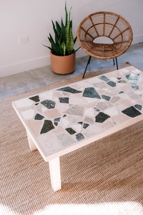 Diy Interior, Tile Tables, Tiled Coffee Table, Mosaic Tile Table, Mosaic Coffee Table, Diy Marble Table, Terrazzo Dining Table, Terrazzo Diy, Diy Tile