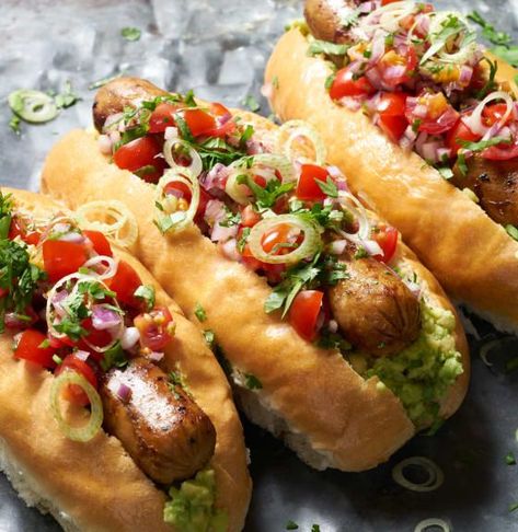 Loaded South American Hot Dogs with Tomato Salsa Bacon, American Hot Dogs, Gourmet Hot Dogs, Hot Dogs Recipes, Hamburger, South American Recipes, Hamburgers, Hot Dog Recipes, American Food