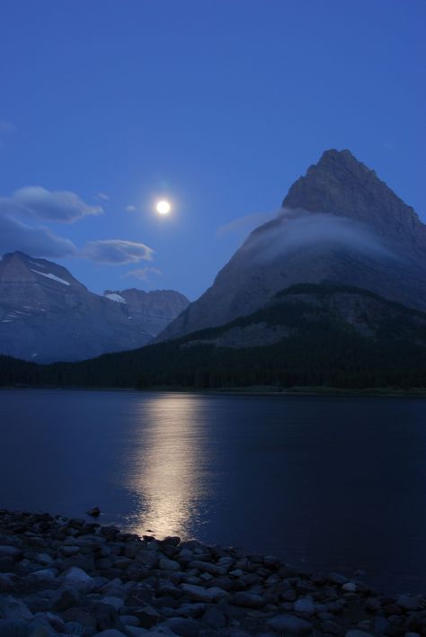 Moonlit nights provide wonderful extraordinary views of Mount Gould, Grinnell Point and Mount Wilbur at Swiftcurrent Lake. Nature, Inspiration, Glacier, Lake View, Lake Photography, Scenic, Views, Lake, Night Scenery