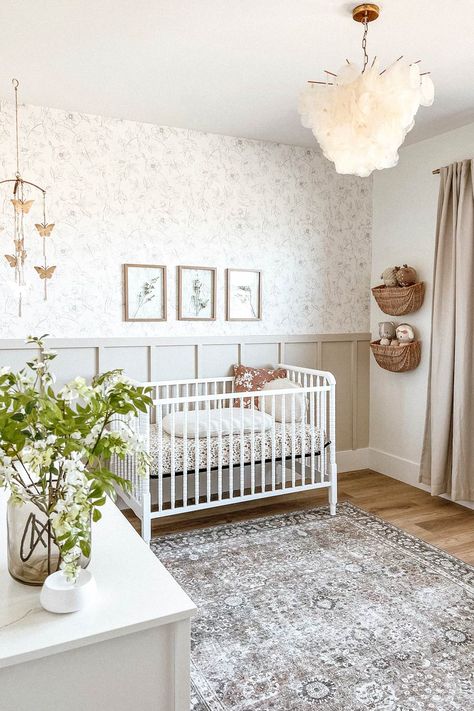 Nursery Accent Wall With Wallpaper, Nursery Ideas With Bed In Room, Neutral Floral Wallpaper Nursery, Modern Organic Nursery Girl, Nursery Ideas Baby Girl, Girl Nursery Design, Wallpaper Baby Nursery, Nursery Ideas Girl Neutral, Nursery Board And Batten Wallpaper
