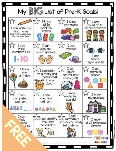 FREE Pre-k goal setting chart for students - set goals for reading - math - phonics - writing and more - I can statements for academic and behavior goals - behavior management plan - STARS goals for leader in me - self manager - report card - prek parent teacher conference form printable #prekteacher #prek #prekclassroom Home Schooling, Pre K, Pre K Curriculum, Pre K Homeschool Curriculum, Homeschool Curriculum, Goal Charts, Preschool Assessment, Kindergarten Readiness, Kindergarten Skills