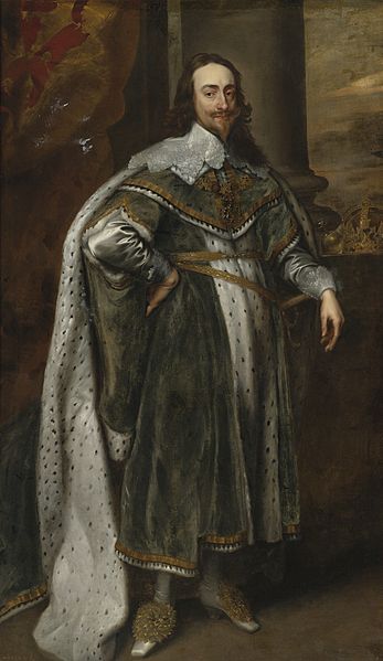 Charles I (1600–1649; reign: March 1625 – January 1649), King of England, by Antoon van Dyck.  Charles I is a king, but this portrait is indicative of the male fashion of the time...doublet and petticoat breeches for men-gone!