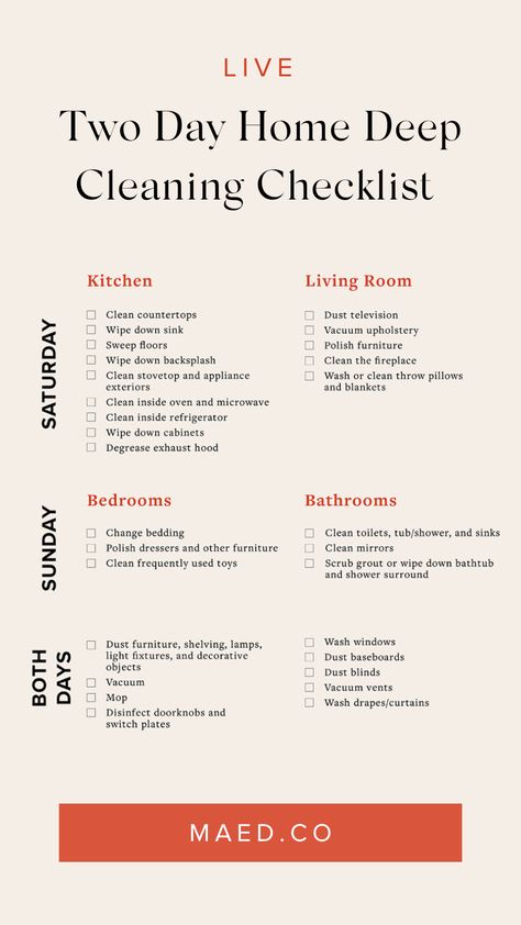 Get this ultimate deep cleaning house checklist to efficiently clean all the rooms in your home in just 2 days. MAED shares a follow up cleaning checklist to help you maintain a clean home. Organisation, Household Cleaning Tips, Deep Cleaning House Checklist By Room, Deep Cleaning House Checklist, Home Cleaning Tips, Cleaning Household, Cleaning Hacks, House Cleaning Tips, Deep Cleaning House