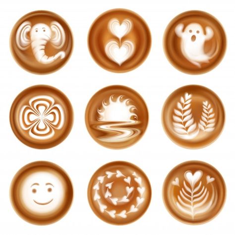 Set of realistic latte art images compos... | Free Vector #Freepik #freevector #flower #floral #coffee #heart Latte Art, Coffee Art, Art, Coffee Vector, Coffee Illustration, Coffee Poster, Coffee Latte Art, Coffee Infographic, Coffee Type